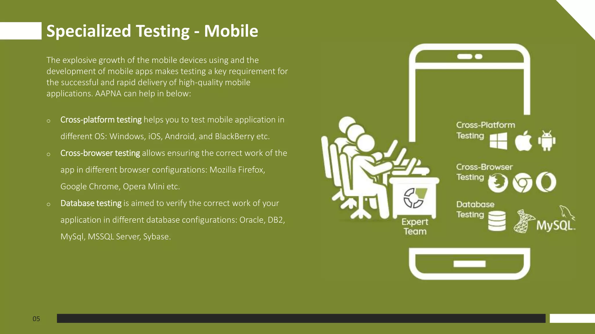 Specialized Testing - Mobile
05
The explosive growth of the mobile devices using and the
development of mobile apps makes testing a key requirement for
the successful and rapid delivery of high-quality mobile
applications. AAPNA can help in below:
o Cross-platform testing helps you to test mobile application in
different OS: Windows, iOS, Android, and BlackBerry etc.
o Cross-browser testing allows ensuring the correct work of the
app in different browser configurations: Mozilla Firefox,
Google Chrome, Opera Mini etc.
o Database testing is aimed to verify the correct work of your
application in different database configurations: Oracle, DB2,
MySql, MSSQL Server, Sybase.
 