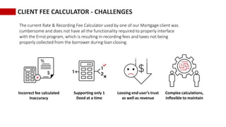 CLIENT FEE CALCULATOR - CHALLENGES
The current Rate & Recording Fee Calculator used by one of our Mortgage client was
cumbersome and does not have all the functionality required to properly interface
with the Ernst program, which is resulting in recording fees and taxes not being
properly collected from the borrower during loan closing.
Incorrect fee calculated
Inaccuracy
Supporting only 1
Deed at a time
Loosing end user’s trust
as well as revenue
Complex calculations,
inflexible to maintain
 