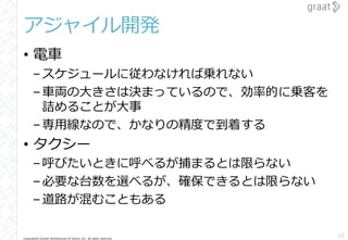 Copyright© Growth Architectures & Teams, Inc. All rights reserved.
アジャイル開発
• 電車
–スケジュールに従わなければ乗れない
–車両の大きさは決まっているので、効率的に乗客を
詰めることが大事
–専用線なので、かなりの精度で到着する
• タクシー
–呼びたいときに呼べるが捕まるとは限らない
–必要な台数を選べるが、確保できるとは限らない
–道路が混むこともある
10
 