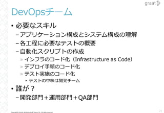 Copyright© Growth Architectures & Teams, Inc. All rights reserved.
DevOpsチーム
• 必要なスキル
–アプリケーション構成とシステム構成の理解
–各工程に必要なテストの概要
–自動化スクリプトの作成
» インフラのコード化（Infrastructure as Code）
» デプロイ手順のコード化
» テスト実施のコード化
▸ テストの中味は開発チーム
• 誰が？
–開発部門＋運用部門＋QA部門
21
 