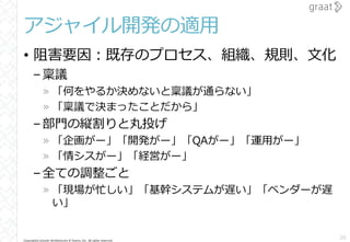 Copyright© Growth Architectures & Teams, Inc. All rights reserved.
アジャイル開発の適用
• 阻害要因：既存のプロセス、組織、規則、文化
–稟議
» 「何をやるか決めないと稟議が通らない」
» 「稟議で決まったことだから」
–部門の縦割りと丸投げ
» 「企画がー」「開発がー」「QAがー」「運用がー」
» 「情シスがー」「経営がー」
–全ての調整ごと
» 「現場が忙しい」「基幹システムが遅い」「ベンダーが遅
い」
26
 