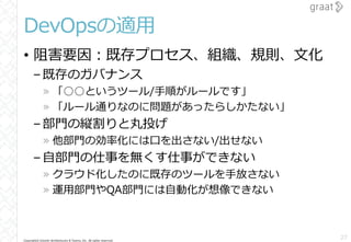 Copyright© Growth Architectures & Teams, Inc. All rights reserved.
DevOpsの適用
• 阻害要因：既存プロセス、組織、規則、文化
–既存のガバナンス
» 「○○というツール/手順がルールです」
» 「ルール通りなのに問題があったらしかたない」
–部門の縦割りと丸投げ
» 他部門の効率化には口を出さない/出せない
–自部門の仕事を無くす仕事ができない
» クラウド化したのに既存のツールを手放さない
» 運用部門やQA部門には自動化が想像できない
27
 