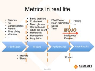 Metrics in real life
Food	
  Eaten	
   Weight	
   Performance	
   Race	
  Results	
  
17	
  
•  Calories
•  Fat
•  Carbohy...