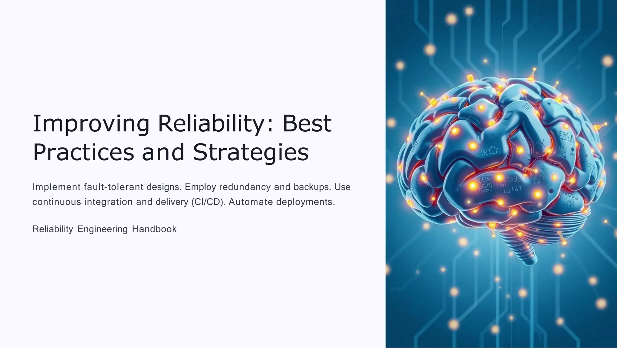 Improving Reliability: Best
Practices and Strategies
Implement fault-tolerant designs. Employ redundancy and backups. Use
continuous integration and delivery (CI/CD). Automate deployments.
Reliability Engineering Handbook
 