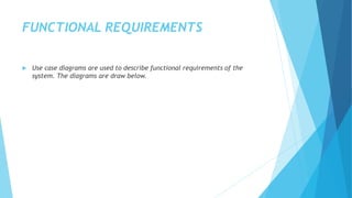 FUNCTIONAL REQUIREMENTS
 Use case diagrams are used to describe functional requirements of the
system. The diagrams are draw below.
 