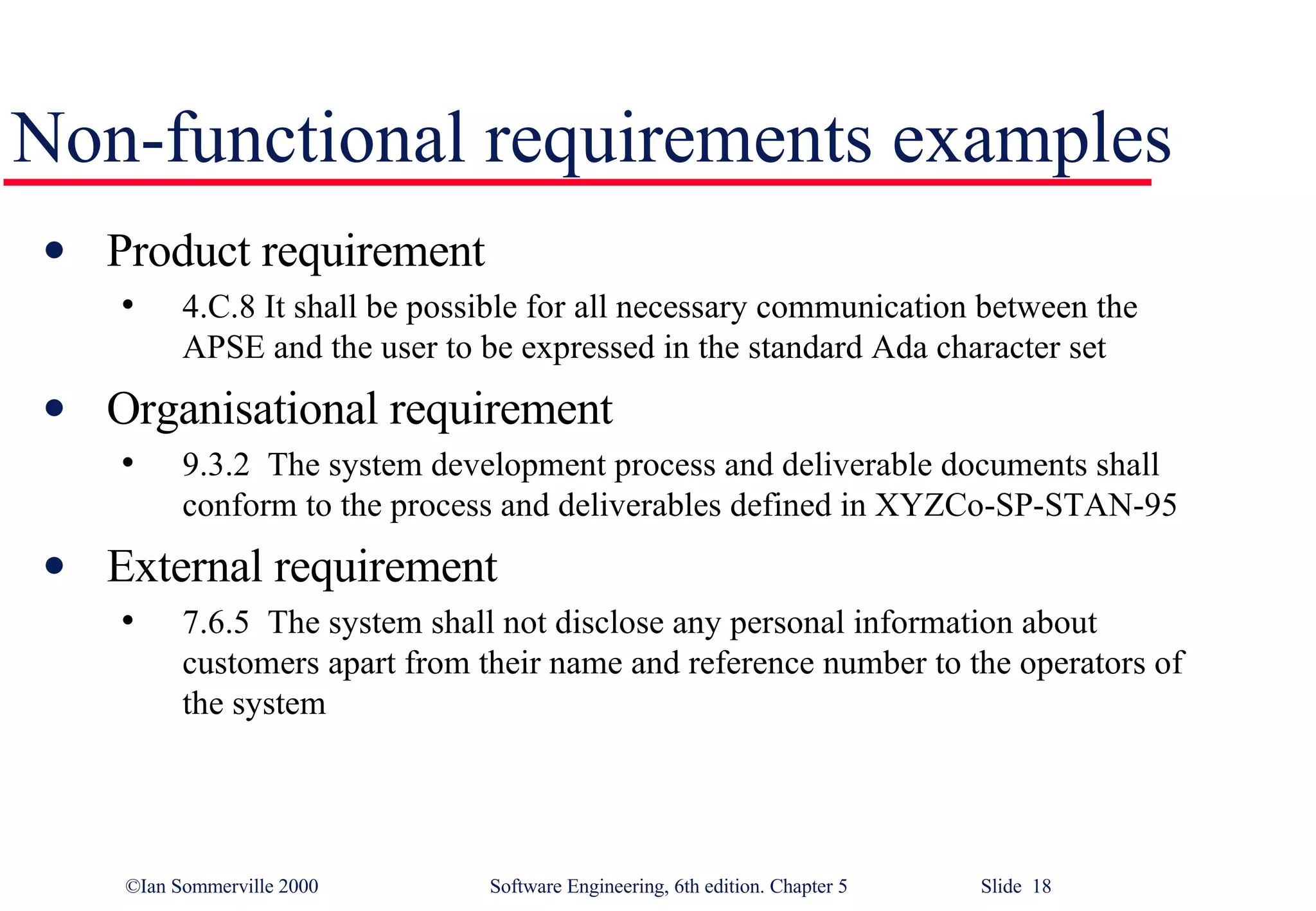 Non-functional requirements examples Product requirement 4.C.8 It shall be possible for all necessary communication between the APSE and the user to be expressed in the standard Ada character set Organisational requirement 9.3.2  The system development process and deliverable documents shall conform to the process and deliverables defined in XYZCo-SP-STAN-95 External requirement 7.6.5  The system shall not disclose any personal information about customers apart from their name and reference number to the operators of the system 