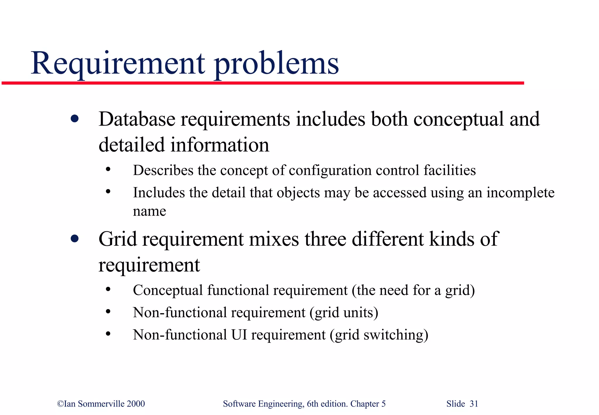 Requirement problems Database requirements includes both conceptual and detailed information Describes the concept of configuration control facilities Includes the detail that objects may be accessed using an incomplete name Grid requirement mixes three different kinds of requirement Conceptual functional requirement (the need for a grid) Non-functional requirement (grid units) Non-functional UI requirement (grid switching) 