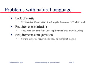 Problems with natural language Lack of clarity  Precision is difficult without making the document difficult to read Requirements confusion Functional and non-functional requirements tend to be mixed-up Requirements amalgamation Several different requirements may be expressed together 