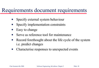 Requirements document requirements Specify external system behaviour Specify implementation constraints Easy to change Serve as reference tool for maintenance Record forethought about the life cycle of the system i.e. predict changes Characterise responses to unexpected events 