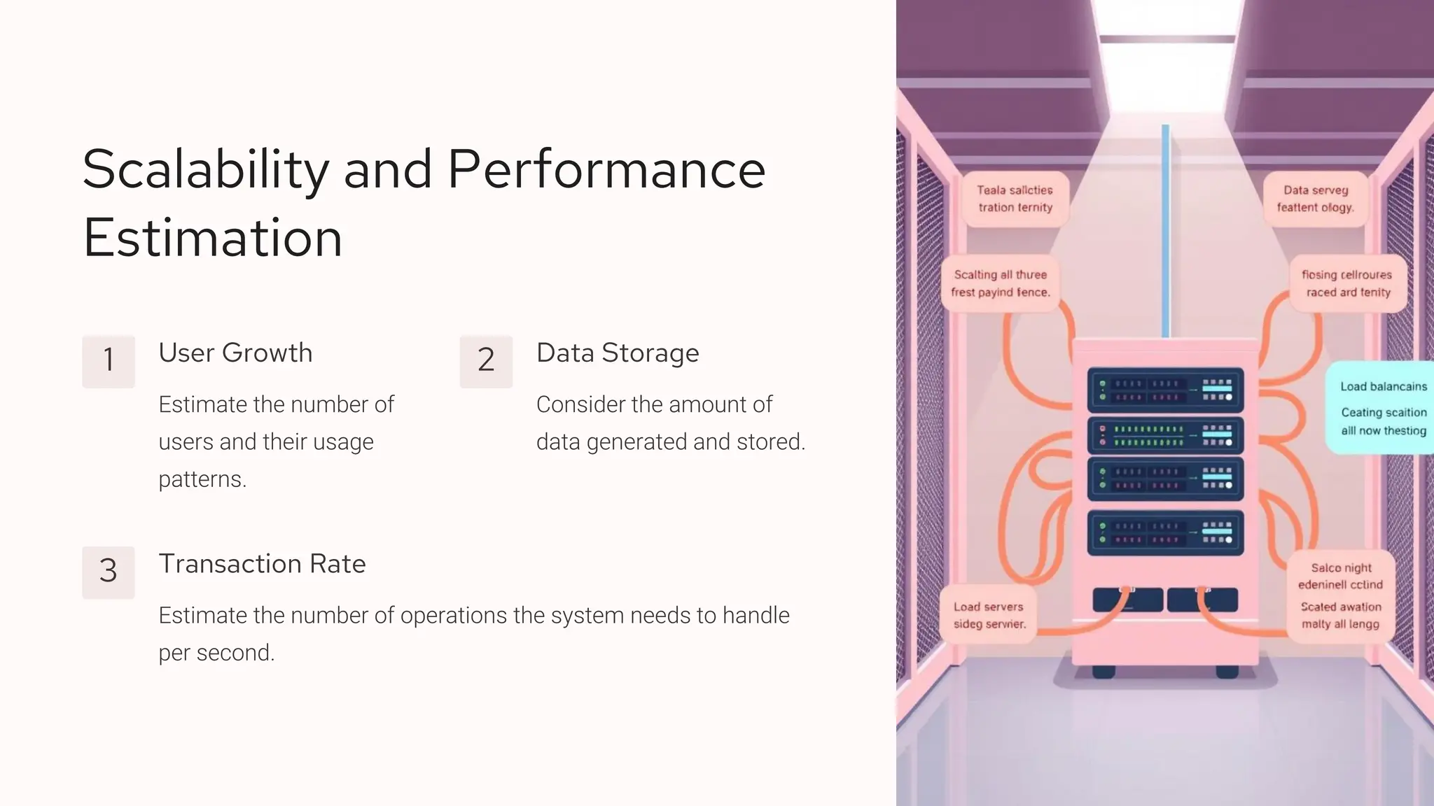 Scalability and Performance Estimation 1 User Growth Estimate the number of users and their usage patterns. 2 Data Storage Consider the amount of data generated and stored. 3 Transaction Rate Estimate the number of operations the system needs to handle per second. 
