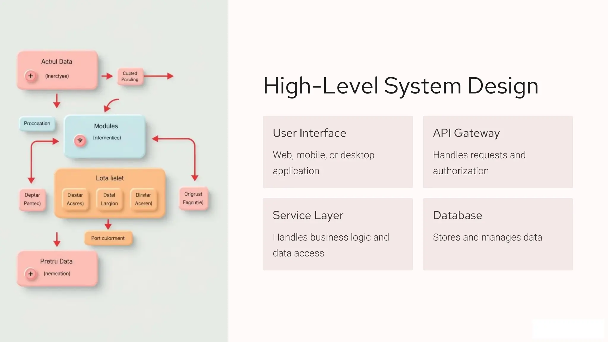 High-Level System Design User Interface Web, mobile, or desktop application API Gateway Handles requests and authorization Service Layer Handles business logic and data access Database Stores and manages data 