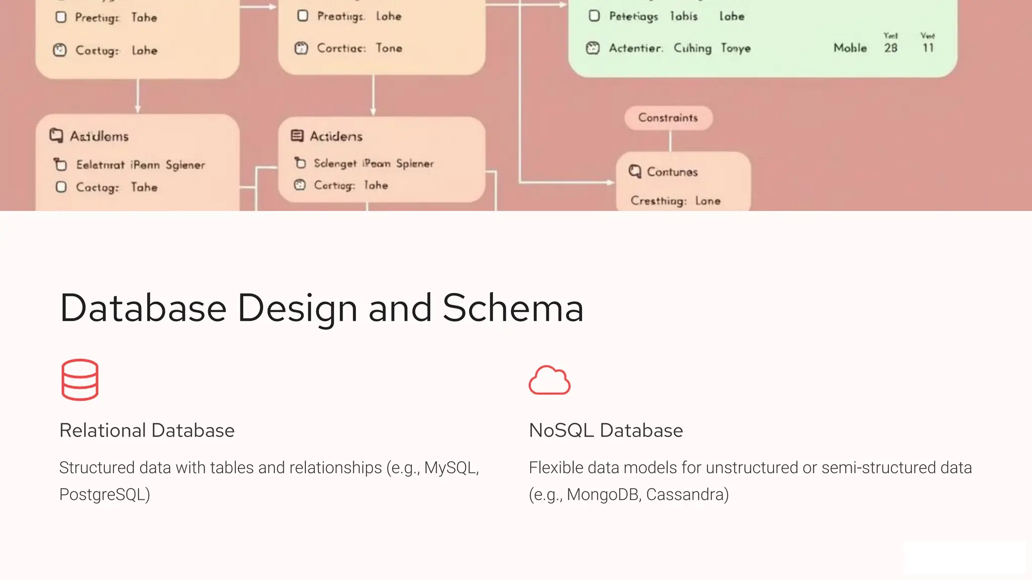 Database Design and Schema Relational Database Structured data with tables and relationships (e.g., MySQL, PostgreSQL) NoSQL Database Flexible data models for unstructured or semi-structured data (e.g., MongoDB, Cassandra) 
