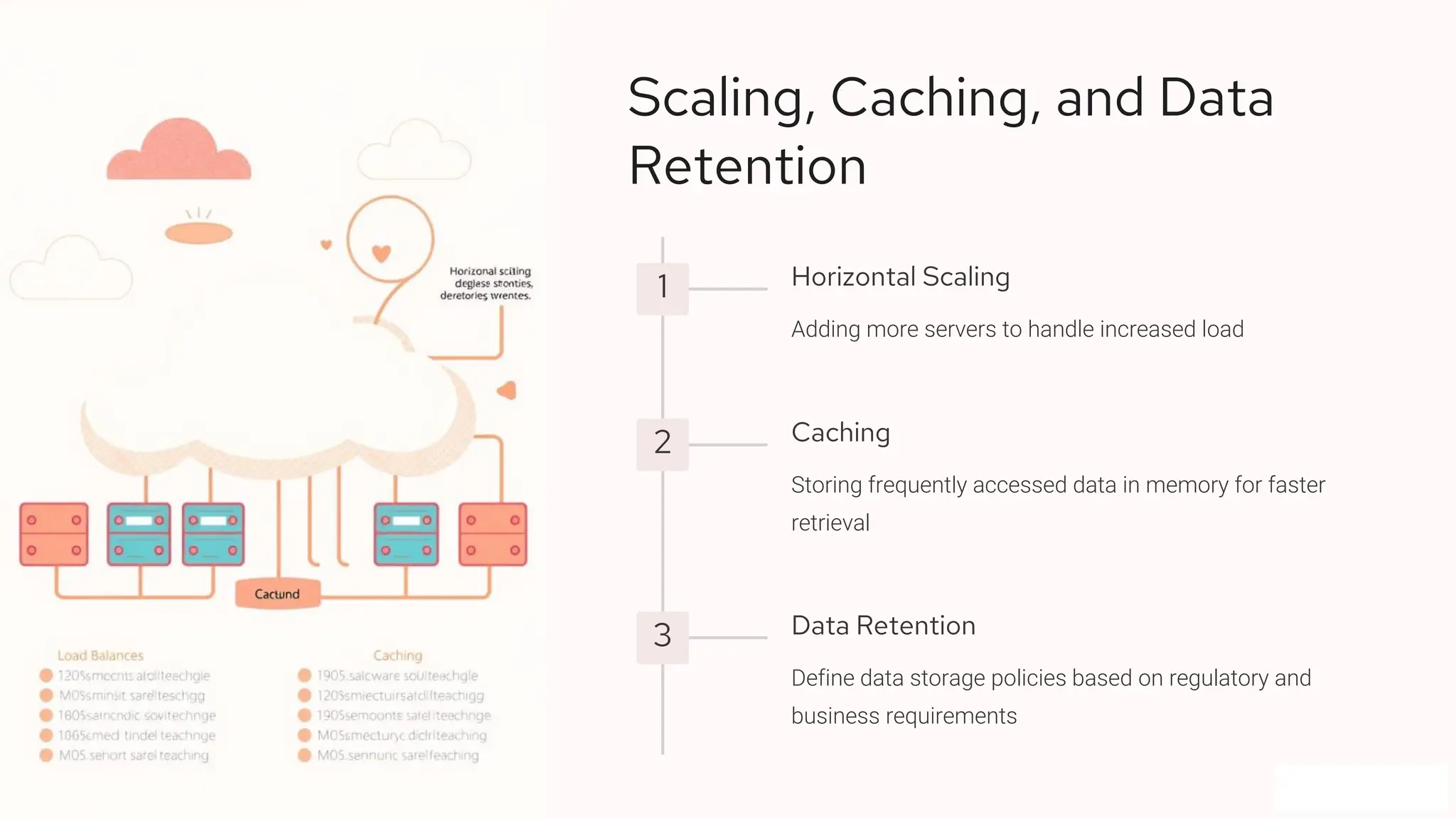 Scaling, Caching, and Data Retention 1 Horizontal Scaling Adding more servers to handle increased load 2 Caching Storing frequently accessed data in memory for faster retrieval 3 Data Retention Define data storage policies based on regulatory and business requirements 