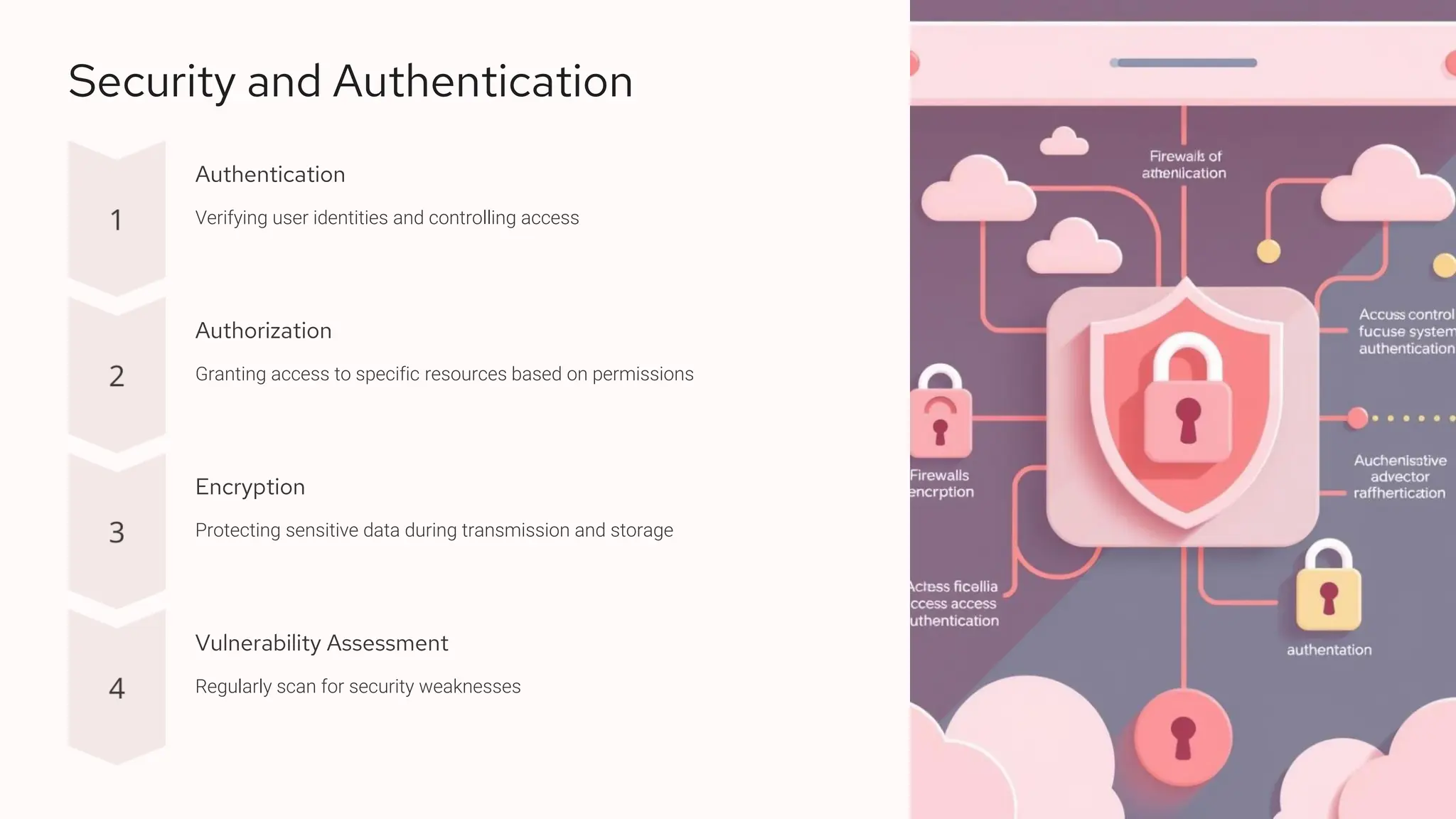 Security and Authentication Authentication Verifying user identities and controlling access Authorization Granting access to specific resources based on permissions Encryption Protecting sensitive data during transmission and storage Vulnerability Assessment Regularly scan for security weaknesses 