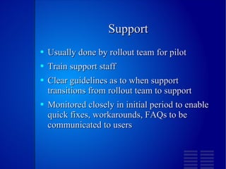 Support Usually done by rollout team for pilot Train support staff Clear guidelines as to when support transitions from rollout team to support Monitored closely in initial period to enable quick fixes, workarounds, FAQs to be communicated to users 