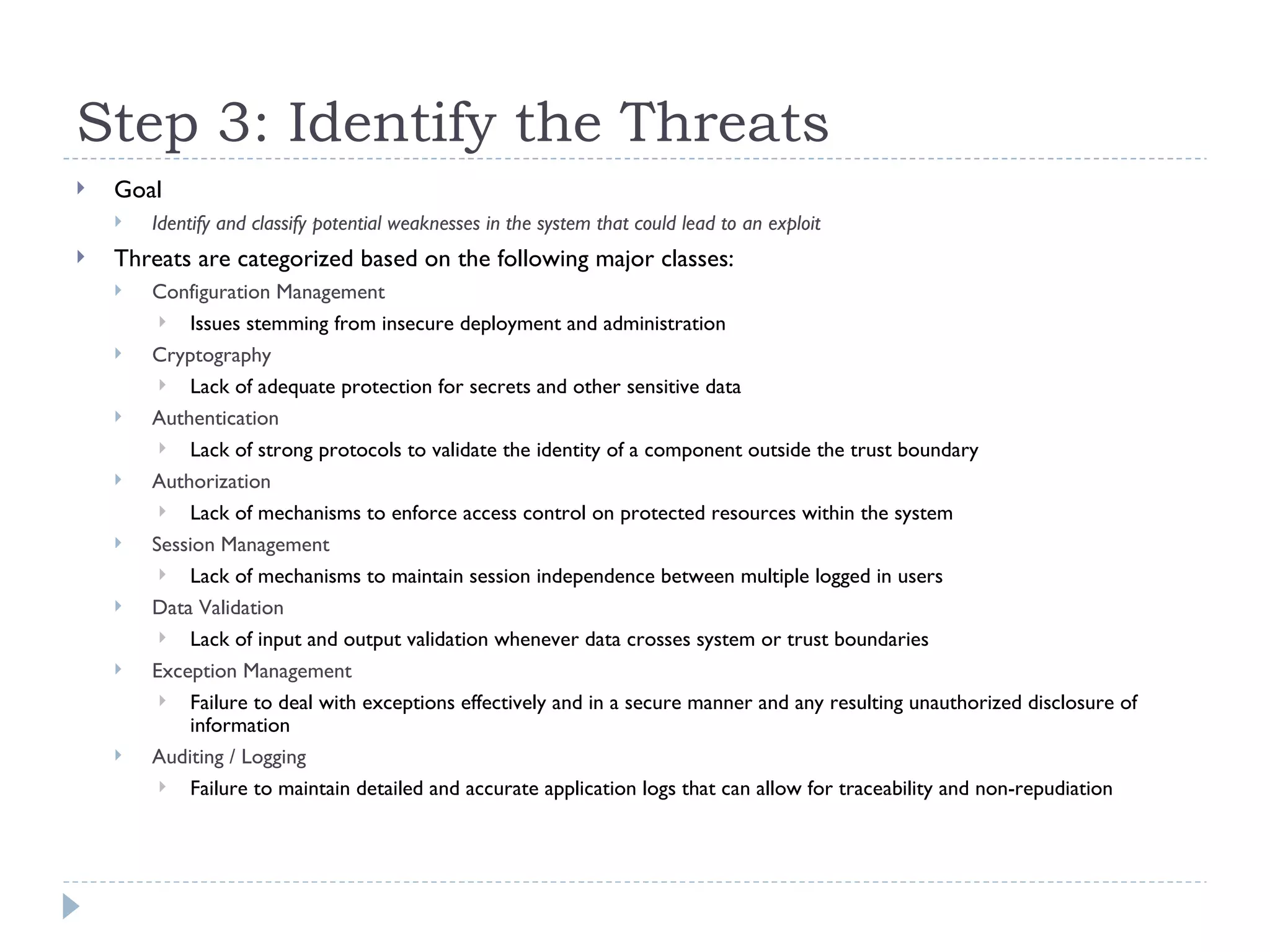 Step 3:  Identify the Threats Goal Identify and classify potential weaknesses in the system that could lead to an exploit Threats are categorized based on the following major classes: Configuration Management  Issues stemming from insecure deployment and administration Cryptography  Lack of adequate protection for secrets and other sensitive data Authentication  Lack of strong protocols to validate the identity of a component outside the trust boundary Authorization  Lack of mechanisms to enforce access control on protected resources within the system Session Management  Lack of mechanisms to maintain session independence between multiple logged in users Data Validation  Lack of input and output validation whenever data crosses system or trust boundaries Exception Management  Failure to deal with exceptions effectively and in a secure manner and any resulting unauthorized disclosure of information Auditing / Logging  Failure to maintain detailed and accurate application logs that can allow for traceability and non-repudiation 