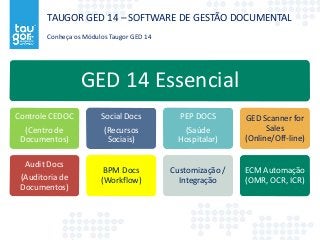 TAUGOR GED 14 – SOFTWARE DE GESTÃO DOCUMENTAL 
Conheça os Módulos Taugor GED 14 
GED 14 Essencial 
Controle CEDOC 
(Centro de 
Documentos) 
Audit Docs 
(Auditoria de 
Documentos) 
Social Docs 
(Recursos 
Sociais) 
BPM Docs 
(Workflow) 
PEP DOCS 
(Saúde 
Hospitalar) 
Customização / 
Integração 
GED Scanner for 
Sales 
(Online/Off-line) 
ECM Automação 
(OMR, OCR, ICR) 
 