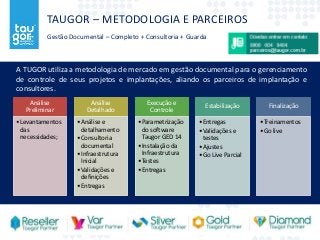 TAUGOR – METODOLOGIA E PARCEIROS 
Gestão Documental – Completo + Consultoria + Guarda 
A TUGOR utiliza a metodologia de mercado em gestão documental para o gerenciamento 
de controle de seus projetos e implantações, aliando os parceiros de implantação e 
consultores. 
Análise 
Preliminar 
•Levantamentos 
das 
necessidades; 
Análise 
Detalhado 
•Análise e 
detalhamento 
•Consultoria 
documental 
• Infraestrutura 
Inicial 
•Validações e 
definições 
•Entregas 
Execução e 
Controle 
•Parametrização 
do software 
Taugor GED 14 
• Instalação da 
Infraestrutura 
•Testes 
•Entregas 
Estabilização 
•Entregas 
•Validações e 
testes 
•Ajustes 
•Go Live Parcial 
Finalização 
•Treinamentos 
•Go live 
 