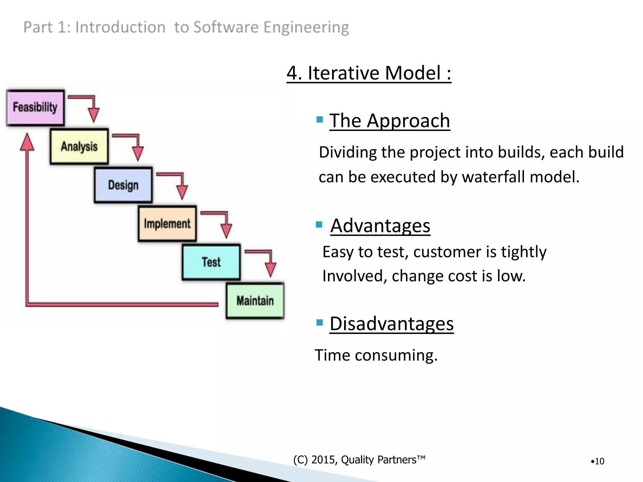 4. Iterative Model :
 The Approach
Dividing the project into builds, each build
can be executed by waterfall model.
 Advantages
Easy to test, customer is tightly
Involved, change cost is low.
 Disadvantages
Time consuming.
(C) 2015, Quality Partners™ •10
 