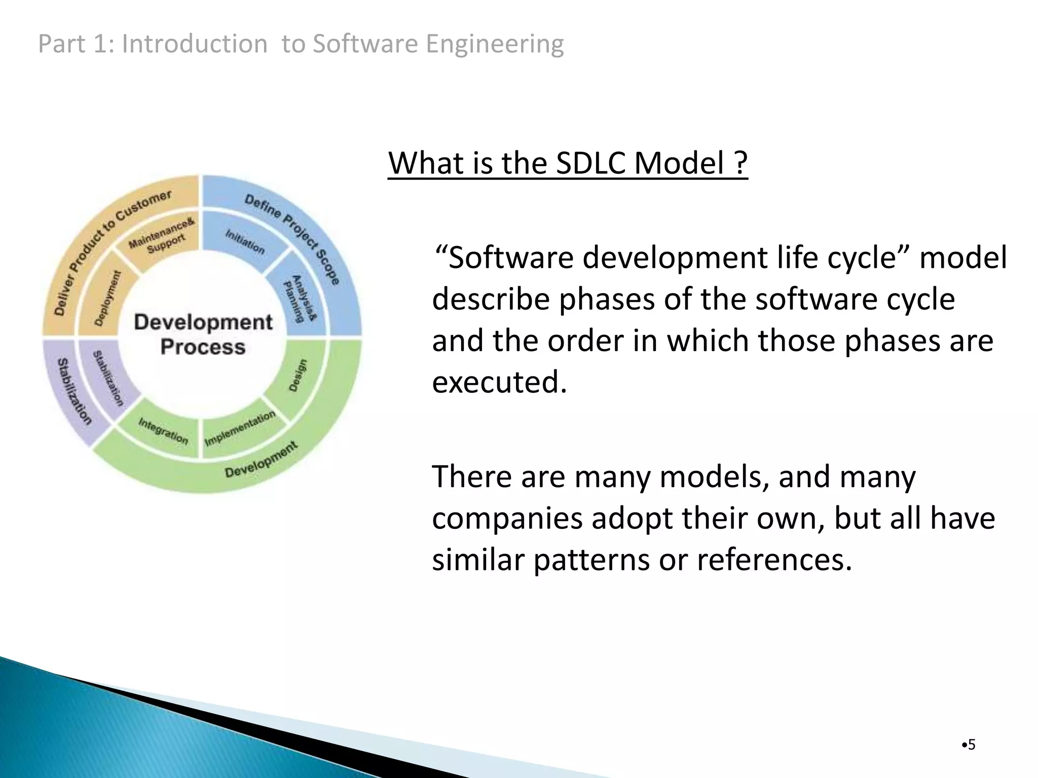 What is the SDLC Model ?
“Software development life cycle” model
describe phases of the software cycle
and the order in which those phases are
executed.
There are many models, and many
companies adopt their own, but all have
similar patterns or references.
•5
Part 1: Introduction to Software Engineering
 