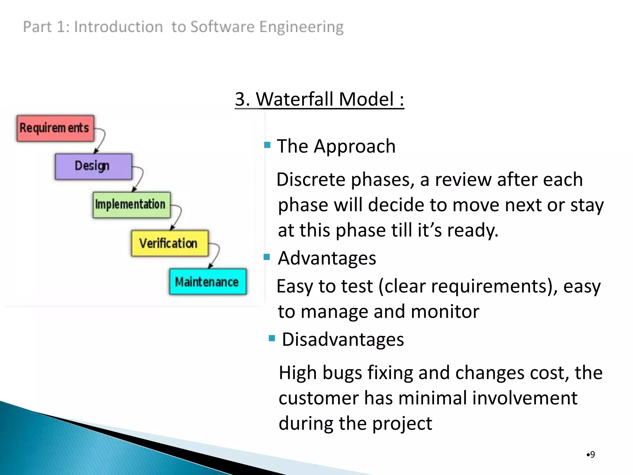 3. Waterfall Model :
 The Approach
Discrete phases, a review after each
phase will decide to move next or stay
at this phase till it’s ready.
 Advantages
Easy to test (clear requirements), easy
to manage and monitor
 Disadvantages
High bugs fixing and changes cost, the
customer has minimal involvement
during the project
•9
 