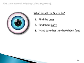 What should the Tester do?
•18
1. Find the bugs
2. Find them early
3. Make sure that they have been fixed
 