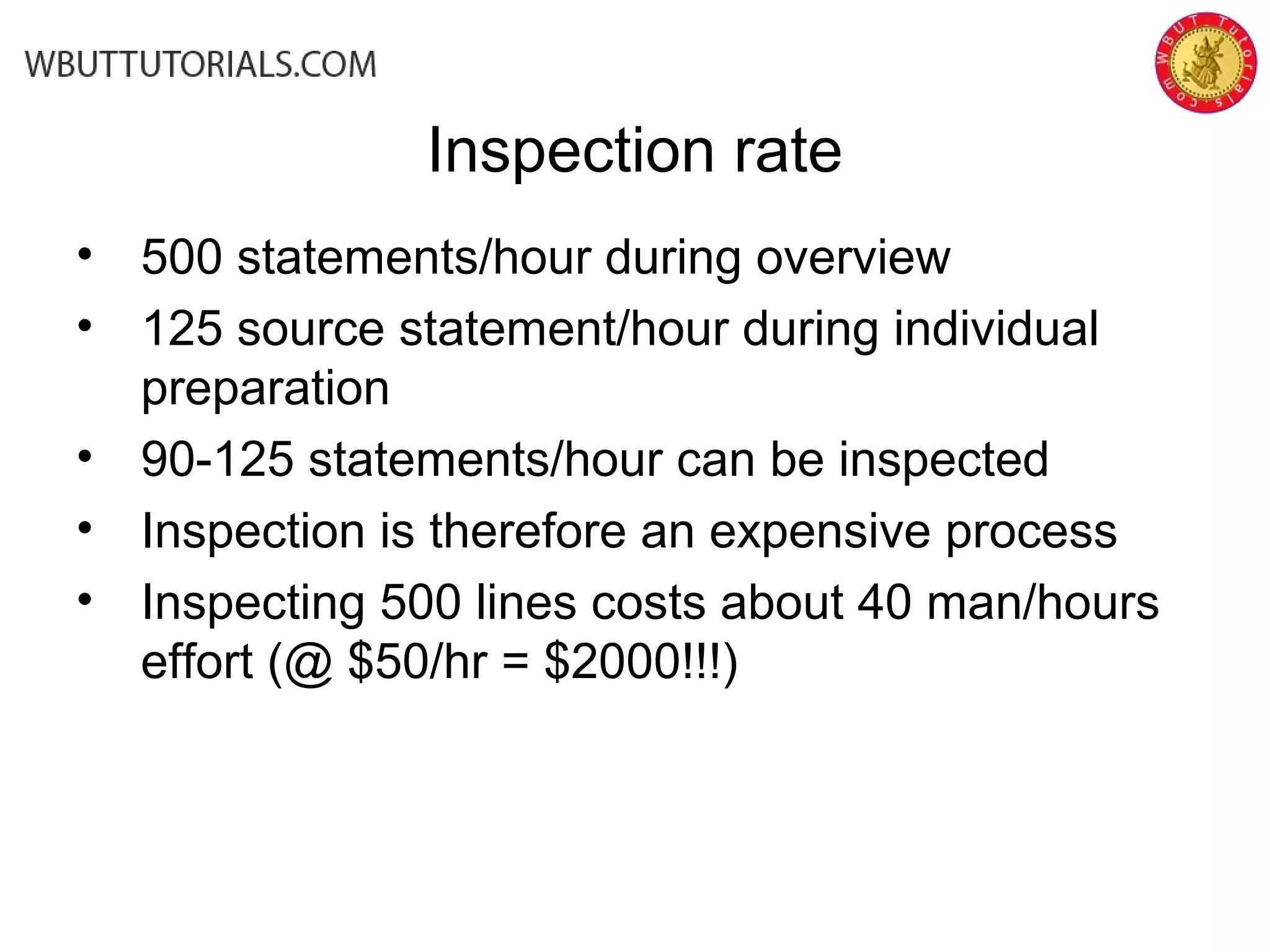 Inspection rate
• 500 statements/hour during overview
• 125 source statement/hour during individual
preparation
• 90-125 statements/hour can be inspected
• Inspection is therefore an expensive process
• Inspecting 500 lines costs about 40 man/hours
effort (@ $50/hr = $2000!!!)
 