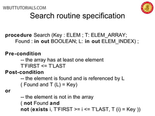 Search routine specification
procedure Search (Key : ELEM ; T: ELEM_ARRAY;
Found : in out BOOLEAN; L: in out ELEM_INDEX) ;
Pre-condition
-- the array has at least one element
T’FIRST <= T’LAST
Post-condition
-- the element is found and is referenced by L
( Found and T (L) = Key)
or
-- the element is not in the array
( not Found and
not (exists i, T’FIRST >= i <= T’LAST, T (i) = Key ))
 