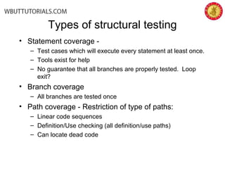 Types of structural testing
• Statement coverage -
– Test cases which will execute every statement at least once.
– Tools exist for help
– No guarantee that all branches are properly tested. Loop
exit?
• Branch coverage
– All branches are tested once
• Path coverage - Restriction of type of paths:
– Linear code sequences
– Definition/Use checking (all definition/use paths)
– Can locate dead code
 