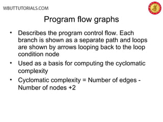 • Describes the program control flow. Each
branch is shown as a separate path and loops
are shown by arrows looping back to the loop
condition node
• Used as a basis for computing the cyclomatic
complexity
• Cyclomatic complexity = Number of edges -
Number of nodes +2
Program flow graphs
 