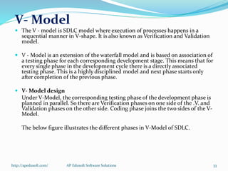 V- Model
 The V - model is SDLC model where execution of processes happens in a
sequential manner in V-shape. It is also known as Verification and Validation
model.
 V - Model is an extension of the waterfall model and is based on association of
a testing phase for each corresponding development stage. This means that for
every single phase in the development cycle there is a directly associated
testing phase. This is a highly disciplined model and next phase starts only
after completion of the previous phase.
 V- Model design
Under V-Model, the corresponding testing phase of the development phase is
planned in parallel. So there are Verification phases on one side of the .V. and
Validation phases on the other side. Coding phase joins the two sides of the V-
Model.
The below figure illustrates the different phases in V-Model of SDLC.
http://apedusoft.com/ 33AP Edusoft Software Solutions
 