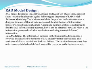 RAD Model Design:
RAD model distributes the analysis, design, build, and test phases into a series of
short, iterative development cycles. Following are the phases of RAD Model:
Business Modeling: The business model for the product under development is
designed in terms of flow of information and the distribution of information
between various business channels. A complete business analysis is performed to
find the vital information for business, how it can be obtained, how and when is the
information processed and what are the factors driving successful flow of
information.
Data Modeling: The information gathered in the Business Modeling phase is
reviewed and analyzed to form sets of data objects vital for the business. The
attributes of all data sets is identified and defined. The relation between these data
objects are established and defined in detail in relevance to the business model.
http://apedusoft.com/ 43AP Edusoft Software Solutions
 