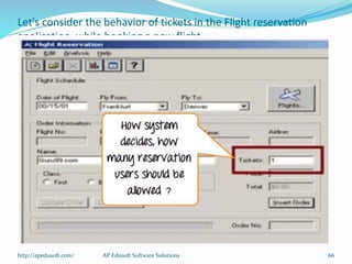 Let's consider the behavior of tickets in the Flight reservation
application, while booking a new flight.
http://apedusoft.com/ 66AP Edusoft Software Solutions
 