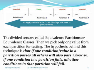 The divided sets are called Equivalence Partitions or
Equivalence Classes. Then we pick only one value from
each partition for testing. The hypothesis behind this
technique is that if one condition/value in a
partition passes all others will also pass. Likewise,
if one condition in a partition fails, all other
conditions in that partition will fail.
http://apedusoft.com/ 69AP Edusoft Software Solutions
 