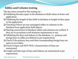 The key areas covered in this testing are −
 Validating the data types in the database to field values in front-end
application.
 Validating the length of data field in database to length of data types
in the application.
 Checking if there are any unmapped tables or columns in the
database from application field objects.
 Naming conventions of database tables and columns are verified, if
they are in accordance with business requirement or not.
 Validating the Keys and Indexes in the database, i.e., primary and
foreign keys in tables are defined as per requirement.
 Check if the primary keys and their corresponding foreign keys are
same in two tables.
 Check Unique and NOT NULL characteristics of keys are
maintained.
 Length and data type of keys and indexes are maintained as per
requirement.
Tables and Column testing
http://apedusoft.com/ 91AP Edusoft Software Solutions
 