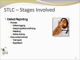 STLC – Stages Involved Defect Reporting Process: Defect logging Assigning defect and fixing Retesting Defect closing Documents involved: Test report Bug Report 