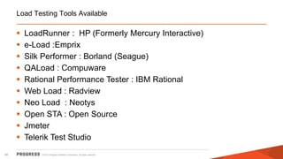 © 2015 Progress Software Corporation. All rights reserved.46
Load Testing Tools Available
 LoadRunner : HP (Formerly Mercury Interactive)
 e-Load :Emprix
 Silk Performer : Borland (Seague)
 QALoad : Compuware
 Rational Performance Tester : IBM Rational
 Web Load : Radview
 Neo Load : Neotys
 Open STA : Open Source
 Jmeter
 Telerik Test Studio
 