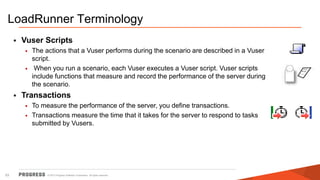 © 2015 Progress Software Corporation. All rights reserved.53
LoadRunner Terminology
• Vuser Scripts
• The actions that a Vuser performs during the scenario are described in a Vuser
script.
• When you run a scenario, each Vuser executes a Vuser script. Vuser scripts
include functions that measure and record the performance of the server during
the scenario.
• Transactions
• To measure the performance of the server, you define transactions.
• Transactions measure the time that it takes for the server to respond to tasks
submitted by Vusers.
 