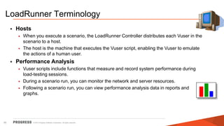 © 2015 Progress Software Corporation. All rights reserved.55
LoadRunner Terminology
• Hosts
• When you execute a scenario, the LoadRunner Controller distributes each Vuser in the
scenario to a host.
• The host is the machine that executes the Vuser script, enabling the Vuser to emulate
the actions of a human user.
• Performance Analysis
• Vuser scripts include functions that measure and record system performance during
load-testing sessions.
• During a scenario run, you can monitor the network and server resources.
• Following a scenario run, you can view performance analysis data in reports and
graphs.
 