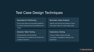 Test Case Design Techniques
Equivalence Partitioning
Group input data into equivalent partitions
to create comprehensive and efficient test
cases.
Boundary Value Analysis
Identify and test the boundaries of input
and output values to catch edge cases.
Decision Table Testing
Systematically test all possible
combinations of conditions and actions for
complex scenarios.
Exploratory Testing
Uncover hidden defects through
unscripted, investigative testing of the
application.
 
