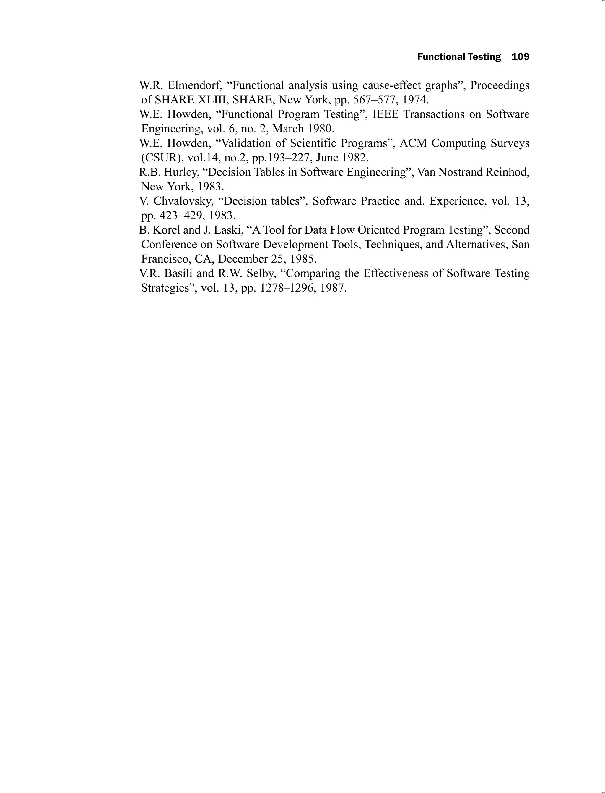 Functional Testing 109
W.R. Elmendorf, “Functional analysis using cause-effect graphs”, Proceedings
of SHARE XLIII, SHARE, New York, pp. 567–577, 1974.
W.E. Howden, “Functional Program Testing”, IEEE Transactions on Software
Engineering, vol. 6, no. 2, March 1980.
W.E. Howden, “Validation of Scientific Programs”, ACM Computing Surveys
(CSUR), vol.14, no.2, pp.193–227, June 1982.
R.B. Hurley, “Decision Tables in Software Engineering”, Van Nostrand Reinhod,
New York, 1983.
V. Chvalovsky, “Decision tables”, Software Practice and. Experience, vol. 13,
pp. 423–429, 1983.
B. Korel and J. Laski, “A Tool for Data Flow Oriented Program Testing”, Second
Conference on Software Development Tools, Techniques, and Alternatives, San
Francisco, CA, December 25, 1985.
V.R. Basili and R.W. Selby, “Comparing the Effectiveness of Software Testing
Strategies”, vol. 13, pp. 1278–1296, 1987.
 