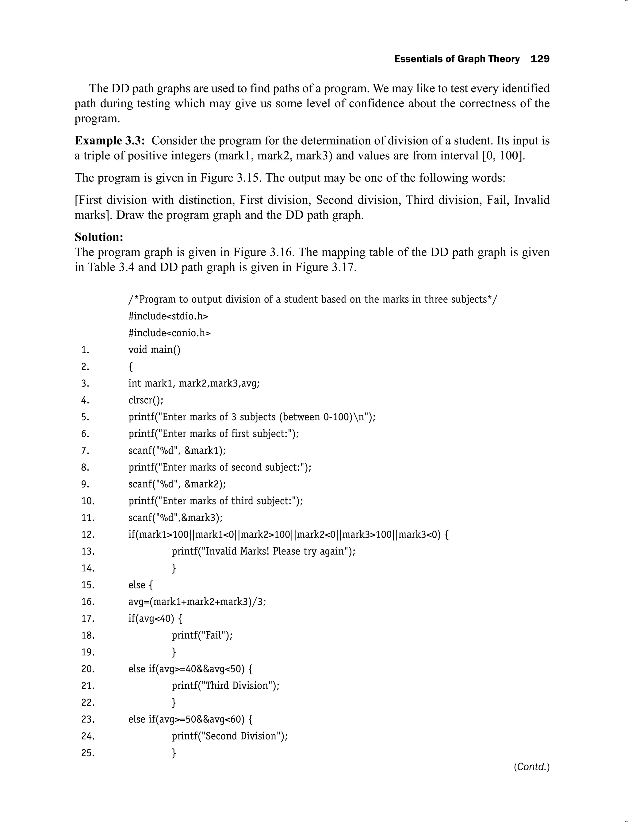 Essentials of Graph Theory 129
The DD path graphs are used to find paths of a program. We may like to test every identified
path during testing which may give us some level of confidence about the correctness of the
program.
Example 3.3: Consider the program for the determination of division of a student. Its input is
a triple of positive integers (mark1, mark2, mark3) and values are from interval [0, 100].
The program is given in Figure 3.15. The output may be one of the following words:
[First division with distinction, First division, Second division, Third division, Fail, Invalid
marks]. Draw the program graph and the DD path graph.
Solution:
The program graph is given in Figure 3.16. The mapping table of the DD path graph is given
in Table 3.4 and DD path graph is given in Figure 3.17.
/*Program to output division of a student based on the marks in three subjects*/
#include<stdio.h>
#include<conio.h>
1. void main()
2. {
3. int mark1, mark2,mark3,avg;
4. clrscr();
5. printf("Enter marks of 3 subjects (between 0-100)n");
6. printf("Enter marks of ﬁrst subject:");
7. scanf("%d", &mark1);
8. printf("Enter marks of second subject:");
9. scanf("%d", &mark2);
10. printf("Enter marks of third subject:");
11. scanf("%d",&mark3);
12. if(mark1>100||mark1<0||mark2>100||mark2<0||mark3>100||mark3<0) {
13. printf("Invalid Marks! Please try again");
14. }
15. else {
16. avg=(mark1+mark2+mark3)/3;
17. if(avg<40) {
18. printf("Fail");
19. }
20. else if(avg>=40&&avg<50) {
21. printf("Third Division");
22. }
23. else if(avg>=50&&avg<60) {
24. printf("Second Division");
25. }
(Contd.)
 
