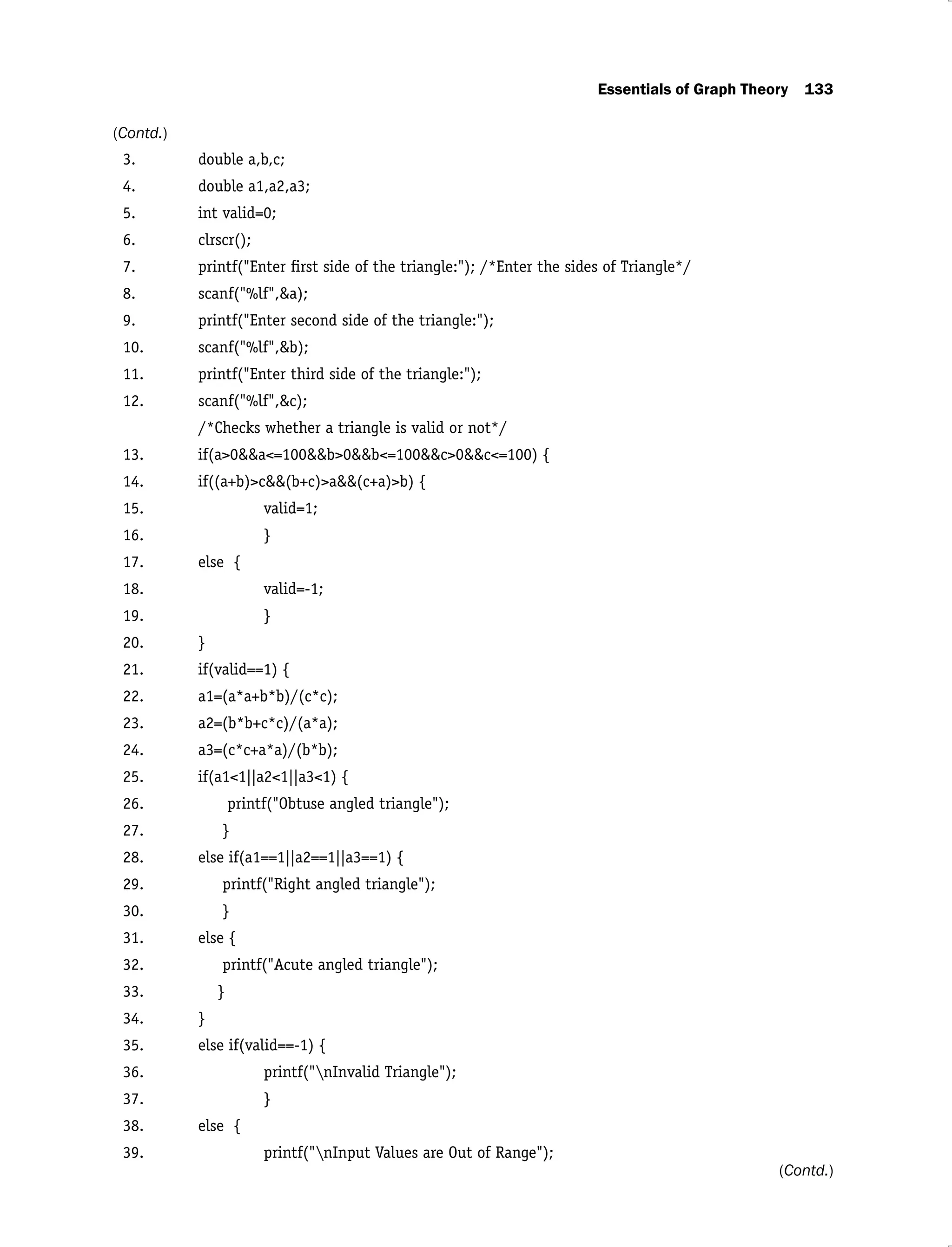 Essentials of Graph Theory 133
3. double a,b,c;
4. double a1,a2,a3;
5. int valid=0;
6. clrscr();
7. printf("Enter ﬁrst side of the triangle:"); /*Enter the sides of Triangle*/
8. scanf("%lf",&a);
9. printf("Enter second side of the triangle:");
10. scanf("%lf",&b);
11. printf("Enter third side of the triangle:");
12. scanf("%lf",&c);
/*Checks whether a triangle is valid or not*/
13. if(a>0&&a<=100&&b>0&&b<=100&&c>0&&c<=100) {
14. if((a+b)>c&&(b+c)>a&&(c+a)>b) {
15. valid=1;
16. }
17. else {
18. valid=-1;
19. }
20. }
21. if(valid==1) {
22. a1=(a*a+b*b)/(c*c);
23. a2=(b*b+c*c)/(a*a);
24. a3=(c*c+a*a)/(b*b);
25. if(a1<1||a2<1||a3<1) {
26. printf("Obtuse angled triangle");
27. }
28. else if(a1==1||a2==1||a3==1) {
29. printf("Right angled triangle");
30. }
31. else {
32. printf("Acute angled triangle");
33. }
34. }
35. else if(valid==-1) {
36. printf("nInvalid Triangle");
37. }
38. else {
39. printf("nInput Values are Out of Range");
(Contd.)
(Contd.)
 