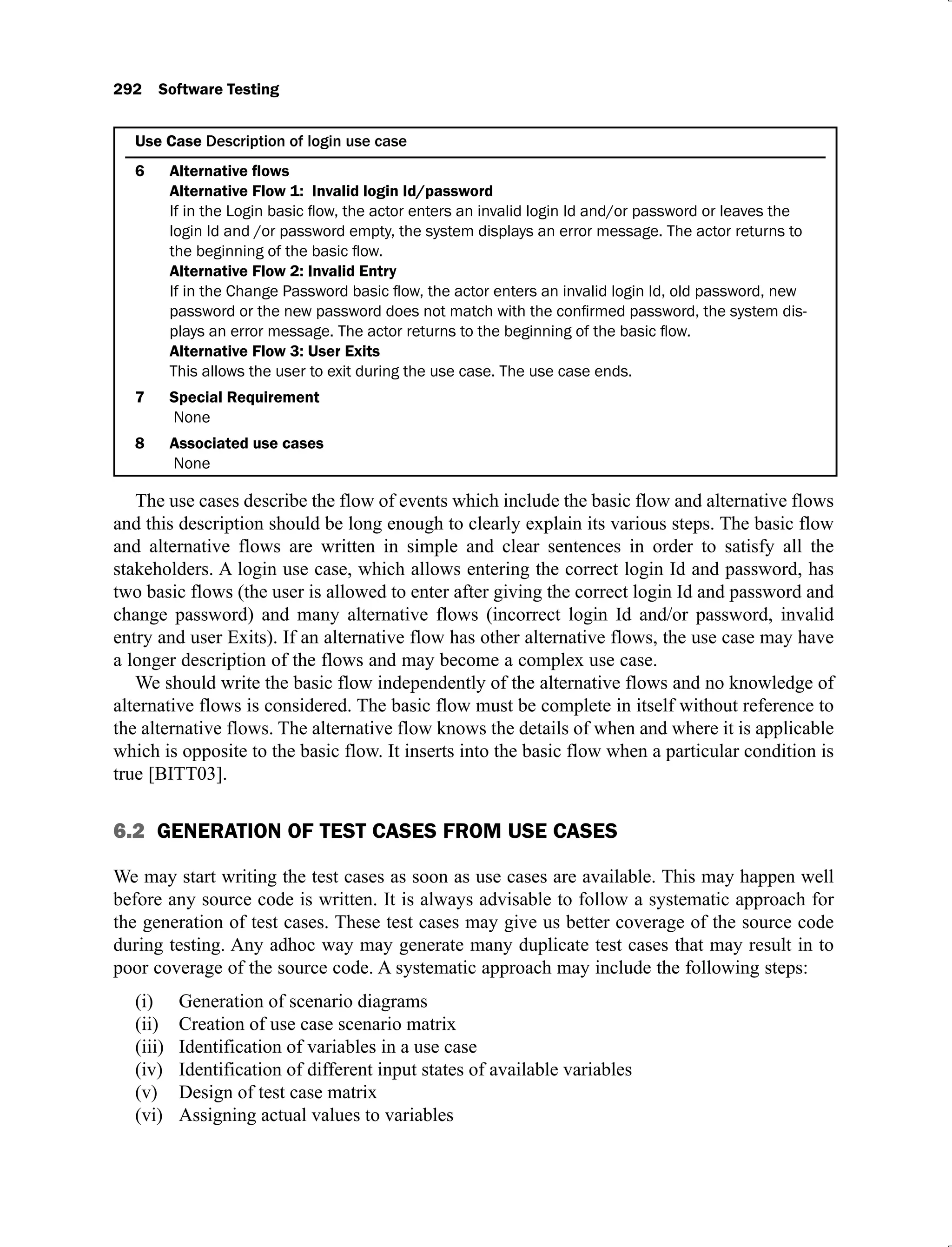 292 Software Testing
Use Case Description of login use case
6
Alternative Flow 1: Invalid login Id/password
login Id and /or password empty, the system displays an error message. The actor returns to
Alternative Flow 2: Invalid Entry
-
Alternative Flow 3: User Exits
This allows the user to exit during the use case. The use case ends.
7 Special Requirement
None
8 Associated use cases
None
The use cases describe the flow of events which include the basic flow and alternative flows
and this description should be long enough to clearly explain its various steps. The basic flow
and alternative flows are written in simple and clear sentences in order to satisfy all the
stakeholders. A login use case, which allows entering the correct login Id and password, has
two basic flows (the user is allowed to enter after giving the correct login Id and password and
change password) and many alternative flows (incorrect login Id and/or password, invalid
entry and user Exits). If an alternative flow has other alternative flows, the use case may have
a longer description of the flows and may become a complex use case.
We should write the basic flow independently of the alternative flows and no knowledge of
alternative flows is considered. The basic flow must be complete in itself without reference to
the alternative flows. The alternative flow knows the details of when and where it is applicable
which is opposite to the basic flow. It inserts into the basic flow when a particular condition is
true [BITT03].
6.2 GENERATION OF TEST CASES FROM USE CASES
We may start writing the test cases as soon as use cases are available. This may happen well
before any source code is written. It is always advisable to follow a systematic approach for
the generation of test cases. These test cases may give us better coverage of the source code
during testing. Any adhoc way may generate many duplicate test cases that may result in to
poor coverage of the source code. A systematic approach may include the following steps:
Generation of scenario diagrams
(i)
Creation of use case scenario matrix
(ii)
Identification of variables in a use case
(iii)
Identification of different input states of available variables
(iv)
Design of test case matrix
(v)
Assigning actual values to variables
(vi)
 