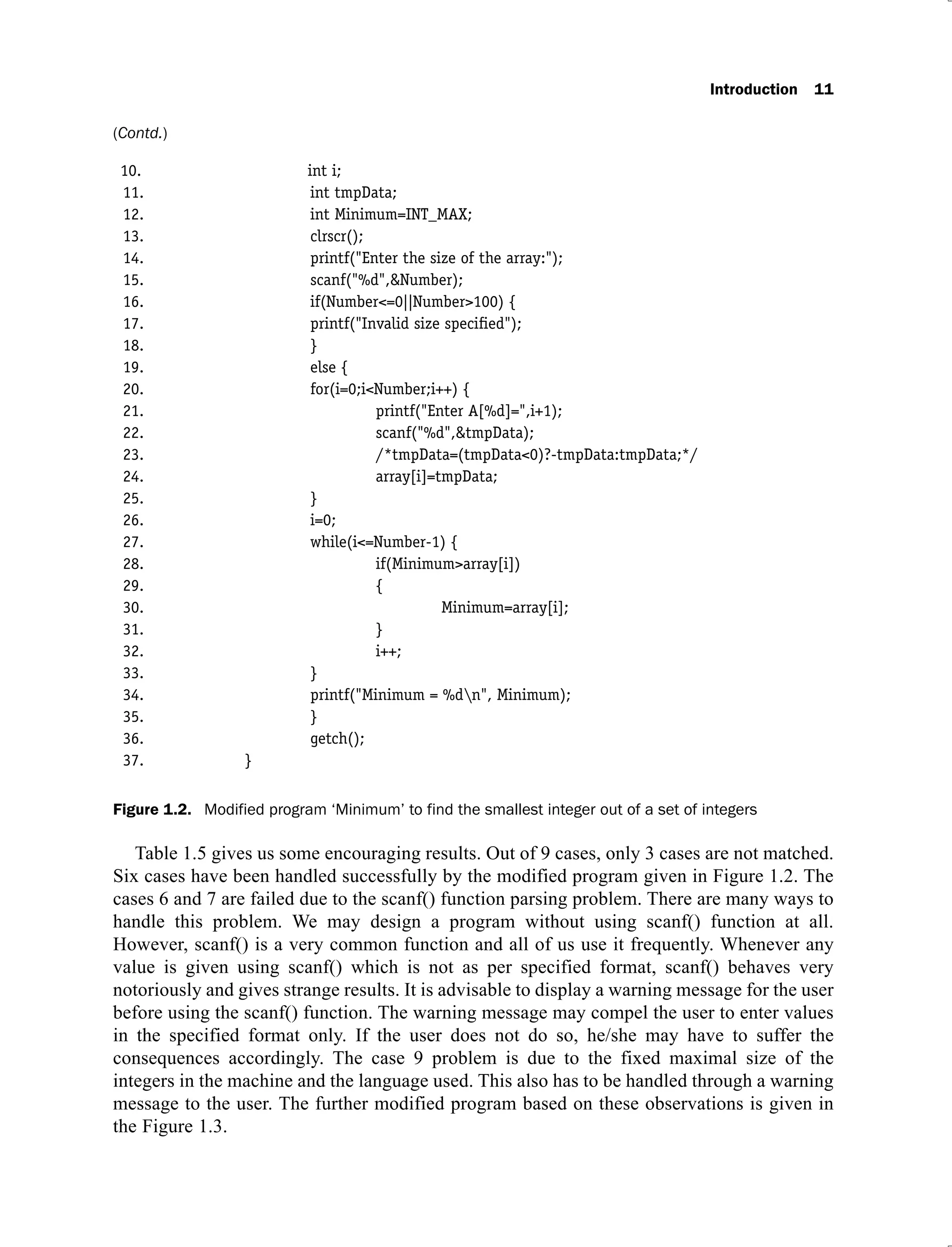 Introduction 11
10. int i;
11. int tmpData;
12. int Minimum=INT_MAX;
13. clrscr();
14. printf("Enter the size of the array:");
15. scanf("%d",&Number);
16. if(Number<=0||Number>100) {
17. printf("Invalid size speciﬁed");
18. }
19. else {
20. for(i=0;i<Number;i++) {
21. printf("Enter A[%d]=",i+1);
22. scanf("%d",&tmpData);
23. /*tmpData=(tmpData<0)?-tmpData:tmpData;*/
24. array[i]=tmpData;
25. }
26. i=0;
27. while(i<=Number-1) {
28. if(Minimum>array[i])
29. {
30. Minimum=array[i];
31. }
32. i++;
33. }
34. printf("Minimum = %dn", Minimum);
35. }
36. getch();
37. }
Figure 1.2. Modified program ‘Minimum’ to find the smallest integer out of a set of integers
Table 1.5 gives us some encouraging results. Out of 9 cases, only 3 cases are not matched.
Six cases have been handled successfully by the modified program given in Figure 1.2. The
cases 6 and 7 are failed due to the scanf() function parsing problem. There are many ways to
handle this problem. We may design a program without using scanf() function at all.
However, scanf() is a very common function and all of us use it frequently. Whenever any
value is given using scanf() which is not as per specified format, scanf() behaves very
notoriously and gives strange results. It is advisable to display a warning message for the user
before using the scanf() function. The warning message may compel the user to enter values
in the specified format only. If the user does not do so, he/she may have to suffer the
consequences accordingly. The case 9 problem is due to the fixed maximal size of the
integers in the machine and the language used. This also has to be handled through a warning
message to the user. The further modified program based on these observations is given in
the Figure 1.3.
(Contd.)
 