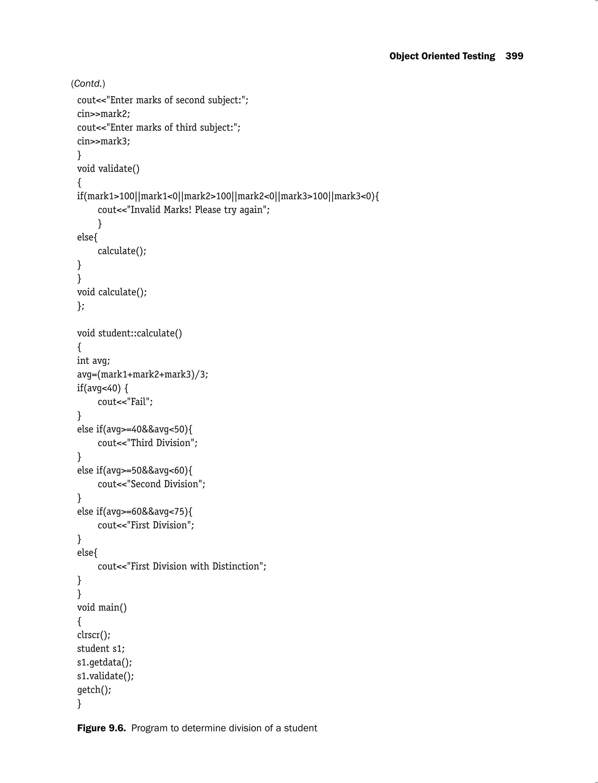 Object Oriented Testing 399
cout<<"Enter marks of second subject:";
cin>>mark2;
cout<<"Enter marks of third subject:";
cin>>mark3;
}
void validate()
{
if(mark1>100||mark1<0||mark2>100||mark2<0||mark3>100||mark3<0){
cout<<"Invalid Marks! Please try again";
}
else{
calculate();
}
}
void calculate();
};
void student::calculate()
{
int avg;
avg=(mark1+mark2+mark3)/3;
if(avg<40) {
cout<<"Fail";
}
else if(avg>=40&&avg<50){
cout<<"Third Division";
}
else if(avg>=50&&avg<60){
cout<<"Second Division";
}
else if(avg>=60&&avg<75){
cout<<"First Division";
}
else{
cout<<"First Division with Distinction";
}
}
void main()
{
clrscr();
student s1;
s1.getdata();
s1.validate();
getch();
}
Figure 9.6. Program to determine division of a student
(Contd.)
 