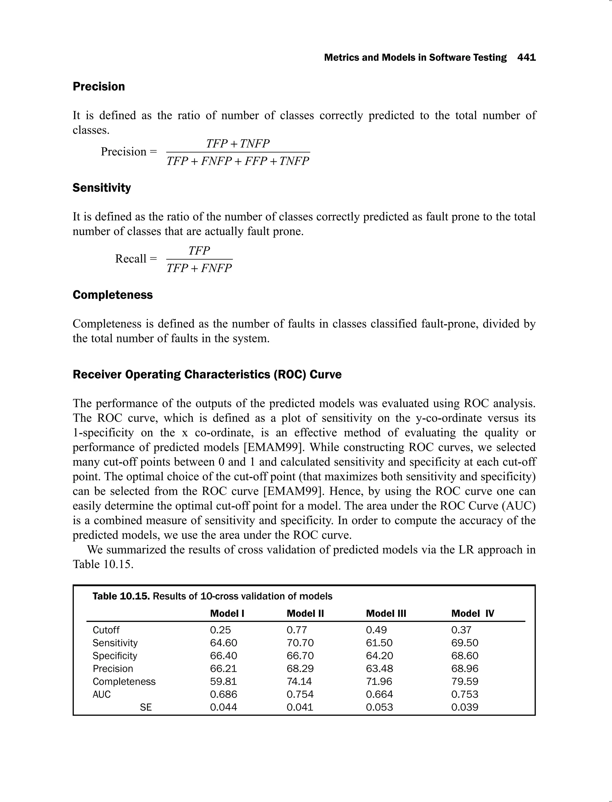 Metrics and Models in Software Testing 441
Precision
It is defined as the ratio of number of classes correctly predicted to the total number of
classes.
Precision =
TFP TNFP
TFP FNFP FFP TNFP
Sensitivity
It is defined as the ratio of the number of classes correctly predicted as fault prone to the total
number of classes that are actually fault prone.
Recall =
TFP
TFP FNFP
Completeness
Completeness is defined as the number of faults in classes classified fault-prone, divided by
the total number of faults in the system.
Receiver Operating Characteristics (ROC) Curve
The performance of the outputs of the predicted models was evaluated using ROC analysis.
The ROC curve, which is defined as a plot of sensitivity on the y-co-ordinate versus its
1-specificity on the x co-ordinate, is an effective method of evaluating the quality or
performance of predicted models [EMAM99]. While constructing ROC curves, we selected
many cut-off points between 0 and 1 and calculated sensitivity and specificity at each cut-off
point. The optimal choice of the cut-off point (that maximizes both sensitivity and specificity)
can be selected from the ROC curve [EMAM99]. Hence, by using the ROC curve one can
easily determine the optimal cut-off point for a model. The area under the ROC Curve (AUC)
is a combined measure of sensitivity and specificity. In order to compute the accuracy of the
predicted models, we use the area under the ROC curve.
We summarized the results of cross validation of predicted models via the LR approach in
Table 10.15.
Table 10.15. Results of 10-cross validation of models
Model I Model II Model III Model IV
Cutoff
Sensitivity
Precision
Completeness
AUC
SE
0.25
64.60
66.40
66.21
59.81
0.686
0.044
0.77
70.70
66.70
68.29
74.14
0.754
0.041
0.49
61.50
64.20
63.48
71.96
0.664
0.053
0.37
69.50
68.60
68.96
79.59
0.753
0.039
 