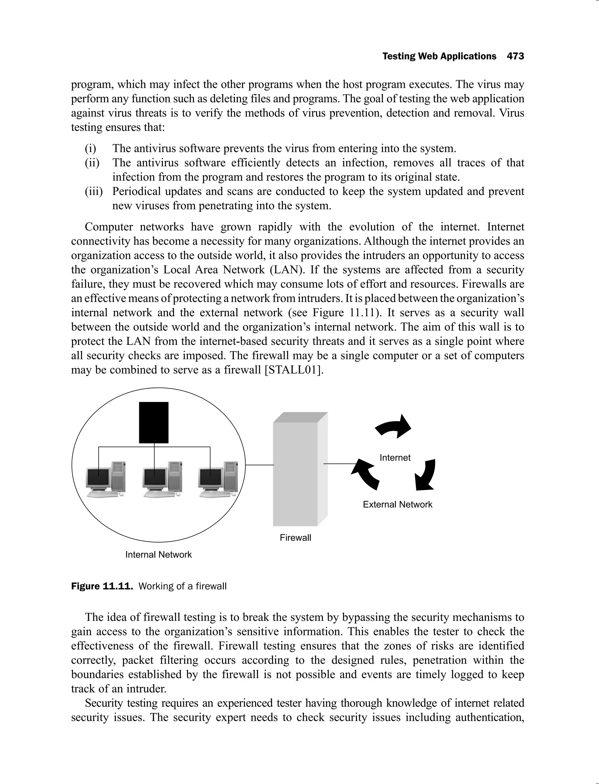 Testing Web Applications 473
program, which may infect the other programs when the host program executes. The virus may
perform any function such as deleting files and programs. The goal of testing the web application
against virus threats is to verify the methods of virus prevention, detection and removal. Virus
testing ensures that:
The antivirus software prevents the virus from entering into the system.
(i)
The antivirus software efficiently detects an infection, removes all traces of that
(ii)
infection from the program and restores the program to its original state.
Periodical updates and scans are conducted to keep the system updated and prevent
(iii)
new viruses from penetrating into the system.
Computer networks have grown rapidly with the evolution of the internet. Internet
connectivity has become a necessity for many organizations. Although the internet provides an
organization access to the outside world, it also provides the intruders an opportunity to access
the organization’s Local Area Network (LAN). If the systems are affected from a security
failure, they must be recovered which may consume lots of effort and resources. Firewalls are
an effective means of protecting a network from intruders. It is placed between the organization’s
internal network and the external network (see Figure 11.11). It serves as a security wall
between the outside world and the organization’s internal network. The aim of this wall is to
protect the LAN from the internet-based security threats and it serves as a single point where
all security checks are imposed. The firewall may be a single computer or a set of computers
may be combined to serve as a firewall [STALL01].
Figure 11.11. Working of a firewall
The idea of firewall testing is to break the system by bypassing the security mechanisms to
gain access to the organization’s sensitive information. This enables the tester to check the
effectiveness of the firewall. Firewall testing ensures that the zones of risks are identified
correctly, packet filtering occurs according to the designed rules, penetration within the
boundaries established by the firewall is not possible and events are timely logged to keep
track of an intruder.
Security testing requires an experienced tester having thorough knowledge of internet related
security issues. The security expert needs to check security issues including authentication,
 