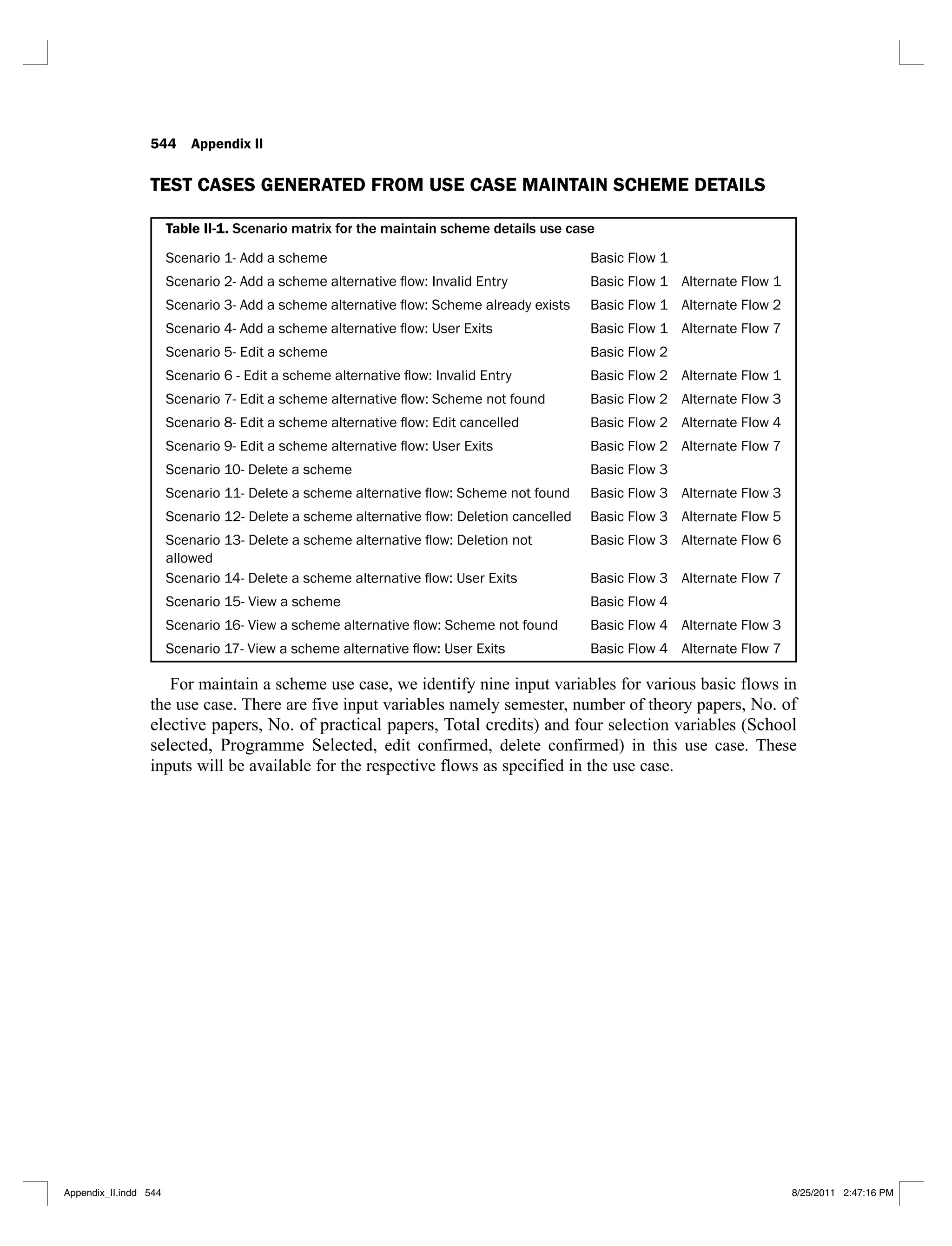 544 Appendix II
TEST CASES GENERATED FROM USE CASE MAINTAIN SCHEME DETAILS
Table II-1. Scenario matrix for the maintain scheme details use case
Scenario 1- Add a scheme Basic Flow 1
Basic Flow 1 Alternate Flow 1
Basic Flow 1 Alternate Flow 2
Basic Flow 1 Alternate Flow 7
Basic Flow 2
Basic Flow 2 Alternate Flow 1
Basic Flow 2 Alternate Flow 3
Basic Flow 2 Alternate Flow 4
Basic Flow 2 Alternate Flow 7
Scenario 10- Delete a scheme Basic Flow 3
Basic Flow 3 Alternate Flow 3
Basic Flow 3 Alternate Flow 5
allowed
Basic Flow 3 Alternate Flow 6
Basic Flow 3 Alternate Flow 7
Scenario 15- View a scheme Basic Flow 4
Basic Flow 4 Alternate Flow 3
Basic Flow 4 Alternate Flow 7
For maintain a scheme use case, we identify nine input variables for various basic flows in
the use case. There are five input variables namely semester, number of theory papers, No. of
elective papers, No. of practical papers, Total credits) and four selection variables (School
selected, Programme Selected, edit confirmed, delete confirmed) in this use case. These
inputs will be available for the respective flows as specified in the use case.
Appendix_II.indd 544 8/25/2011 2:47:16 PM
 