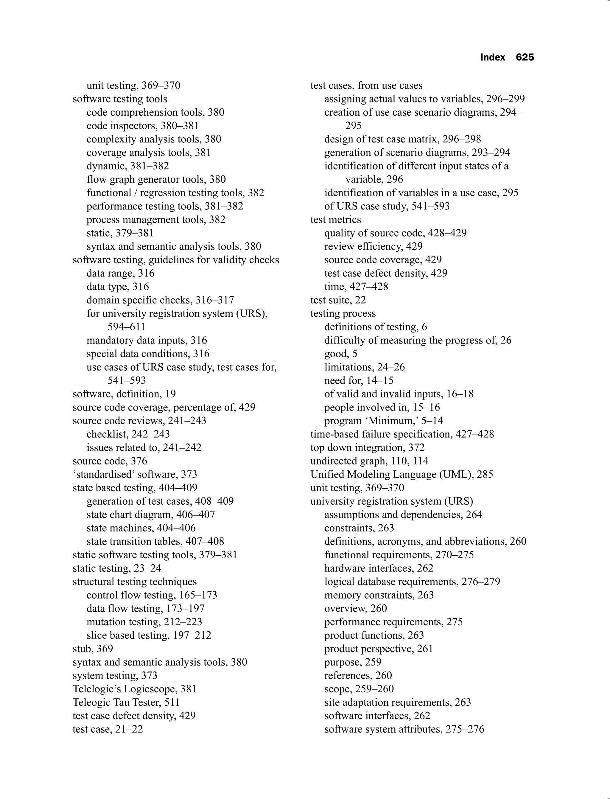 Index 625
unit testing, 369–370
software testing tools
code comprehension tools, 380
code inspectors, 380–381
complexity analysis tools, 380
coverage analysis tools, 381
dynamic, 381–382
flow graph generator tools, 380
functional / regression testing tools, 382
performance testing tools, 381–382
process management tools, 382
static, 379–381
syntax and semantic analysis tools, 380
software testing, guidelines for validity checks
data range, 316
data type, 316
domain specific checks, 316–317
for university registration system (URS),
594–611
mandatory data inputs, 316
special data conditions, 316
use cases of URS case study, test cases for,
541–593
software, definition, 19
source code coverage, percentage of, 429
source code reviews, 241–243
checklist, 242–243
issues related to, 241–242
source code, 376
‘standardised’ software, 373
state based testing, 404–409
generation of test cases, 408–409
state chart diagram, 406–407
state machines, 404–406
state transition tables, 407–408
static software testing tools, 379–381
static testing, 23–24
structural testing techniques
control flow testing, 165–173
data flow testing, 173–197
mutation testing, 212–223
slice based testing, 197–212
stub, 369
syntax and semantic analysis tools, 380
system testing, 373
Telelogic’s Logicscope, 381
Teleogic Tau Tester, 511
test case defect density, 429
test case, 21–22
test cases, from use cases
assigning actual values to variables, 296–299
creation of use case scenario diagrams, 294–
295
design of test case matrix, 296–298
generation of scenario diagrams, 293–294
identification of different input states of a
variable, 296
identification of variables in a use case, 295
of URS case study, 541–593
test metrics
quality of source code, 428–429
review efficiency, 429
source code coverage, 429
test case defect density, 429
time, 427–428
test suite, 22
testing process
definitions of testing, 6
difficulty of measuring the progress of, 26
good, 5
limitations, 24–26
need for, 14–15
of valid and invalid inputs, 16–18
people involved in, 15–16
program ‘Minimum,’ 5–14
time-based failure specification, 427–428
top down integration, 372
undirected graph, 110, 114
Unified Modeling Language (UML), 285
unit testing, 369–370
university registration system (URS)
assumptions and dependencies, 264
constraints, 263
definitions, acronyms, and abbreviations, 260
functional requirements, 270–275
hardware interfaces, 262
logical database requirements, 276–279
memory constraints, 263
overview, 260
performance requirements, 275
product functions, 263
product perspective, 261
purpose, 259
references, 260
scope, 259–260
site adaptation requirements, 263
software interfaces, 26